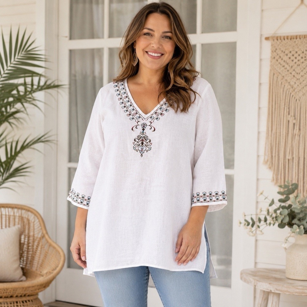 Richard Malcolm Women 1X Irish Linen Embroidered White Tunic Top